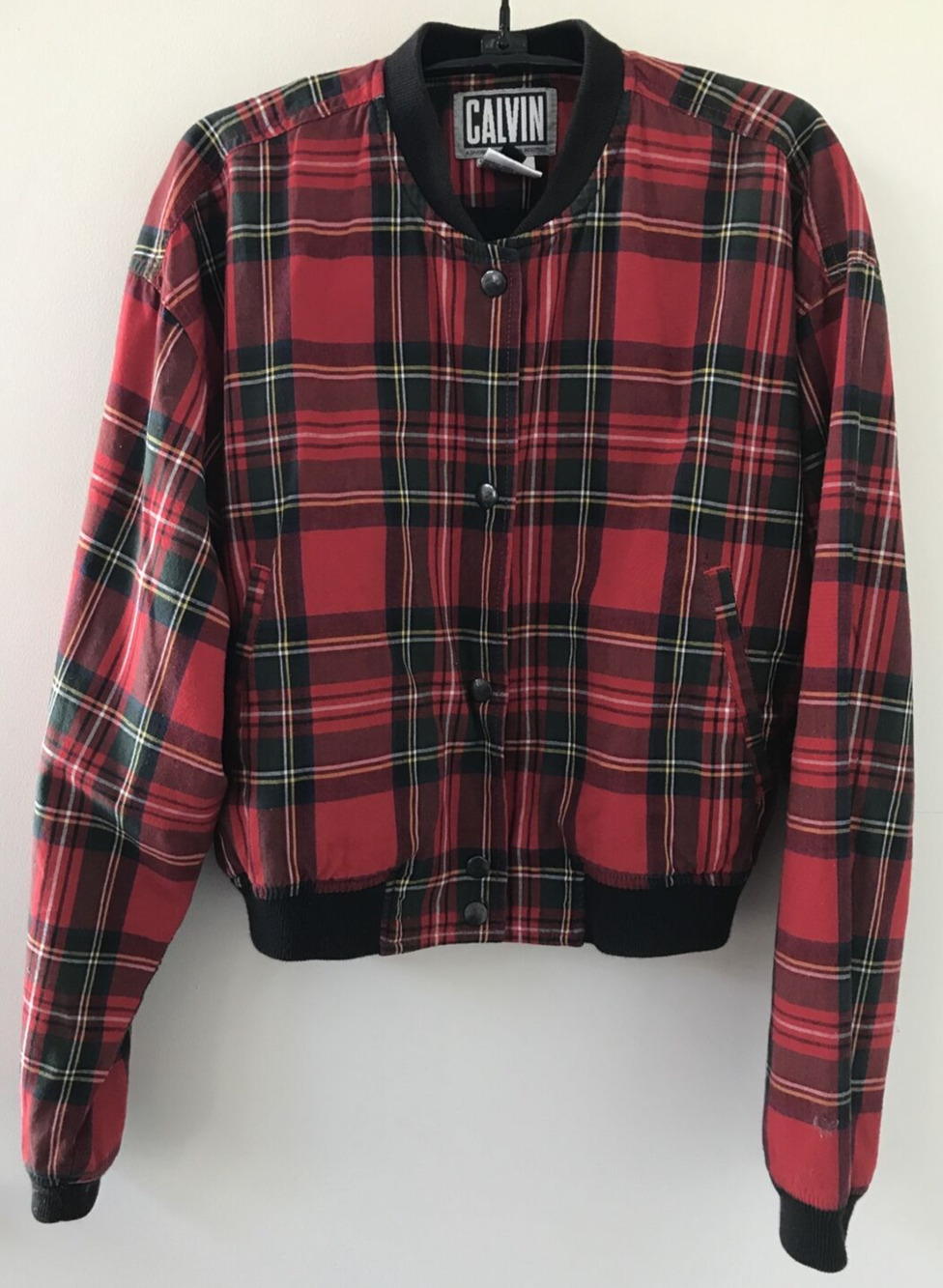 Vintage 90s Calvin Klein Grunge Tartan Plaid Button Up Bomber Jacket M 46" Chest